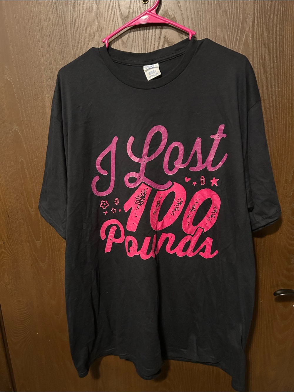 Black Graphic Tee with Pink "I Lost 100 Pounds" Print